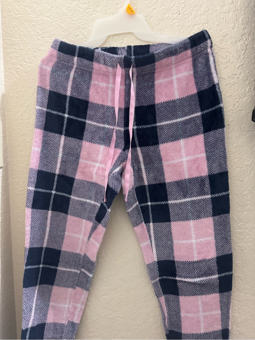Women's Pink & Navy Plaid Fleece Pajama Pants with Drawstring